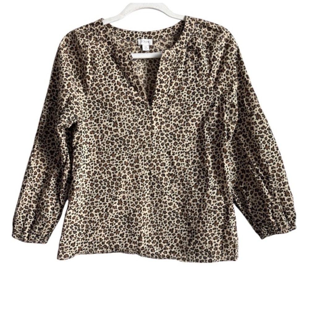 J.Crew Leopard Print Split Neck Popover Top Cheetah Animal Print Boho Indie XS